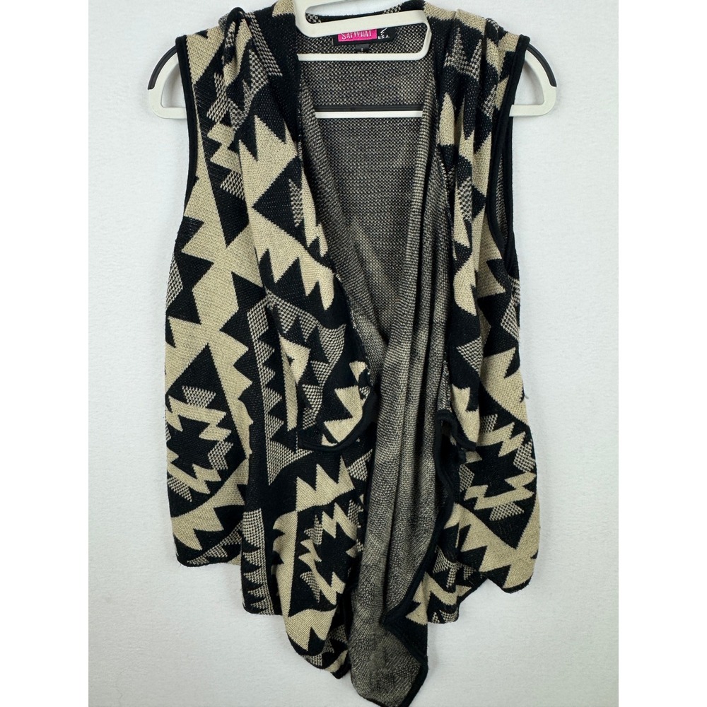 Say What Vest Womens S‎ Black Tan Southwestern Open Front Knit Cardigan USA
